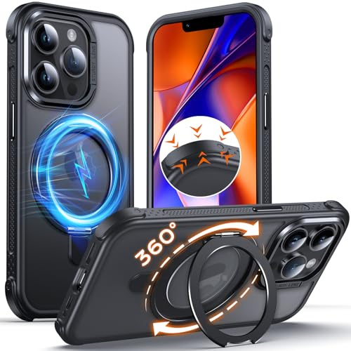Anqrp Invisible 360° Spin Magnetic Stand Case for iPhone 14 Pro Compatible with Mag-Safe, [Non-Slip Edge] MIL-Grade Shockproof Bumper Translucent Matte Phone Case Cover for iPhone 14 Pro, Black