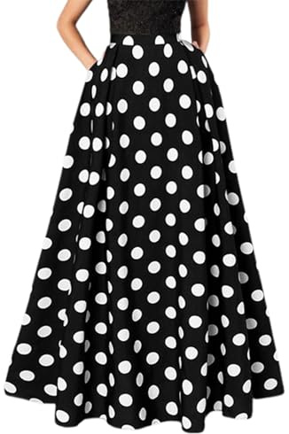 Falda larga y elegante para mujer, falda larga en línea A con puntos retro fluidos, falda larga de cintura alta para ocasiones formales, verano, Negro , M