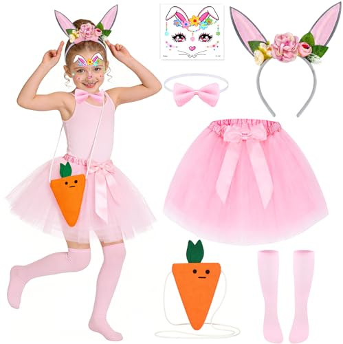 Beipegin Deguisement Lapin Fille Tutu Rose Bandeau Oreilles de Lapin Sac à Carottes Deguisement Animaux Pâque Carnaval Halloween