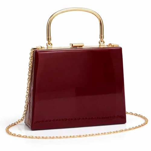 Pochette de soirée en cuir synthétique pour femme – Boîte structurée Pochette de soirée avec poignée supérieure dorée et sangle de chaîne, sac à main élégant pour fête de mariage, bordeaux