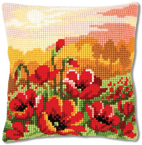 VERVACO Kit Cuscino Punto Croce PRATO DI PAPAVERI Set Ricamo Principianti Cuscini Gobelin Decorativi ca. 40 x 40 cm Accessori Per Lavoretti Creativi DIY Casa Decor Hobby Adulti Cross Stitch