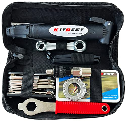 Kitbest Fahrrad Reparatur Set, 15 Pcs Fahrrad Werkzeug Set mit Satteltasche Fahrradpumpe und 16-in-1 Fahrrad Multitool, Fahrrad Werkzeug Reparaturset Flickzeug Set Fahrradwerkzeug für Unterwegs