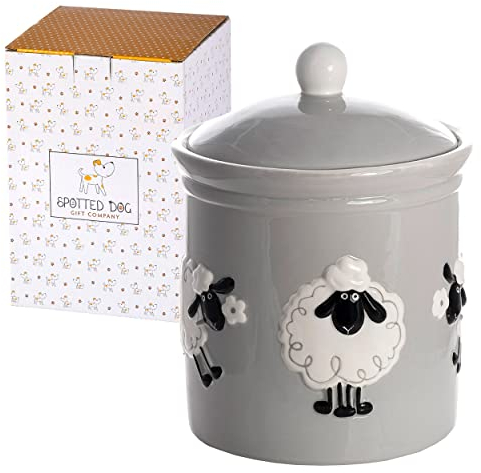 SPOTTED DOG GIFT COMPANY Keksdose Keramik mit Deckel Luftdicht - Vorratsdose, vielseitig Vorratsbehälter Aufbewahrungdose für Mehl Kaffee Tee Leckerli Zucker, Schaf Motiv Deko, Schaf Geschenk (Grau)