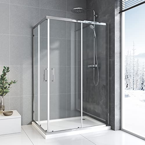 Baode Duschkabine 90x75 cm Eckeinstieg Doppel Schiebetür Duschabtrennung 6mm ESG Glas, Höhe 185cm Duschtür