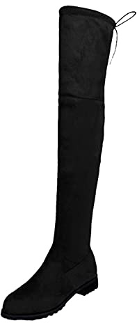 PAIDAXING Bottes cuissardes plates à talons carrés pour femme - En daim synthétique - Fermeture éclair latérale - Large mollet - Chaussures à lacets - Taille 37 à 41, Noir , 37.5 EU