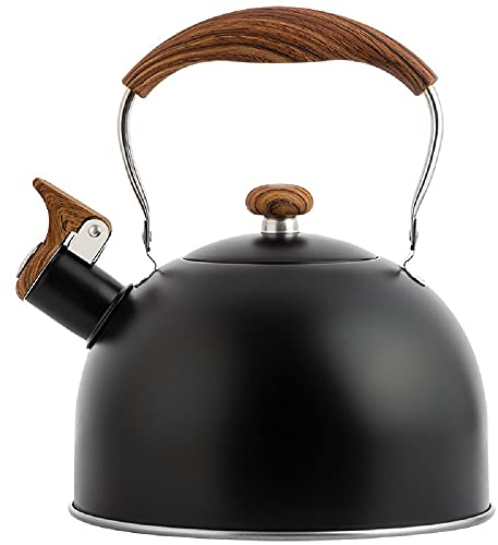 Beruyu Stove Top Whistling Kettle, Stainless Steel Tea Kettle Teapot with Foldable Anti-Heat Handle for Gas Stove Induction Hob, 2.5L (Black)