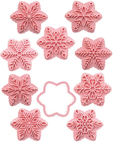 9 Patterns of 3D Snowflake Cookie Stamps Set, Food Grade Plastic 6 Branches Shaped Snowflakes Stamping Cookie Cutters Fondant Stamper Set for Baking (Pink)