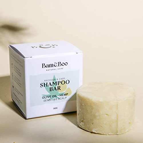 Festes Shampoo Heilung und Beruhigung Empfindlicher Haut 90g - Ohne Sulfate oder Parabene - Olivenöl Hanföl - Foamie Festes Shampoo Männer und Festes Shampoo Frauen Natürlich Vegan und Ökologisch