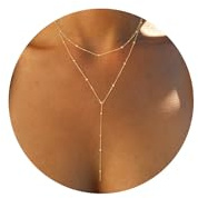 Foxgirl Dainty Long Gold Necklaces for Women, Trendy Lariat Y Necklace 14k Gold Plated Layered Beaded Drop Necklaces Simple Handmade Bar CZ Pendant Y-Shaped Chain Jewelry Gift Wedding