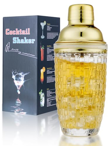 Gbuxska Glass Cocktail Shaker Set - Glass Shaker for Drinks, Shaker Set for Bars, Whiskey, Cocktails (Gold, 13 oz)