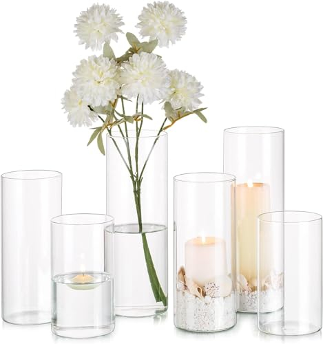 Glasseam Cylinder Vase for Flowers, Clear Glass Vases Set of 6, Modern Flower Vase Decorative Vase for Wedding Table Centrepieces, Hurricane Vases for Pillar Candles Table Decoration (15/20/25cm)