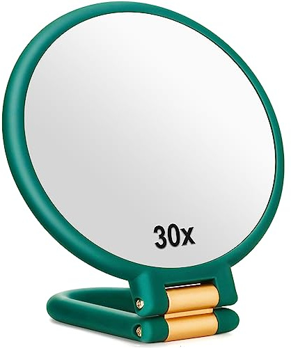 Sifolo 30x Magnifying Mirror, Travel Hand Mirrors with Handle - Double Side Handheld Mirror with 1X 30X Magnification & Adjustable Handle/Stand, Hand Held Foldable Travel Mirror for Makeup(Army Green)
