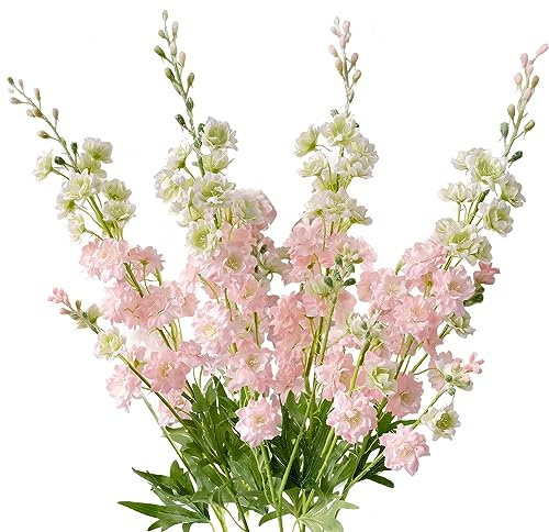 ZYTUYO 4PCS Pink Artificial Delphinium Flower 33.5 Long Faux Larkspur Stem Plant Floral Fake Flowers Silk Bouquets for Tall Floor Vase Home Kitchen Outdoor Indoor Wedding Decor