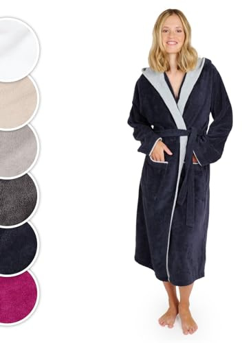 Blumtal Bademantel Damen, kuschelig weicher Bademantel Damen Baumwolle mit gefütterter Kapuze und samtigen Frottee-Velours, Oeko-TEX® Zertifiziert, Größe L, Dark ocean blue