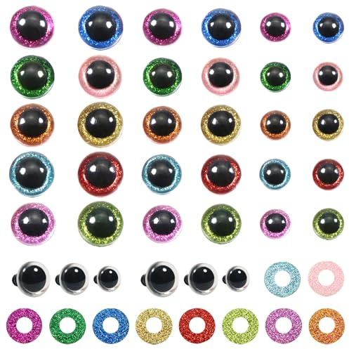 TOAOB 60 stycken dockögon säkerhetsögon glitter 10 mm till 14 mm plast pyssel ögon färgglada knappögon med brickor för virkade djur docka marionett plyschdjur nalleögon