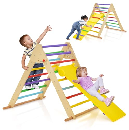 GOPLUS 3 in 1 Kinder Kletterdreieck-Set, Dreieck-Kletterspielzeug mit doppelseitiger Rampe, Klettergerüst Holz zum Rutschen und Klettern, Kletterspielzeug für Kinder ab 1 Jahr, bis 60kg (Bunt)