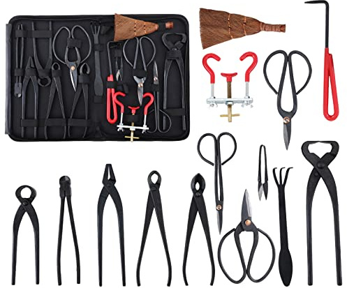 Holzsammlung 14 Pezzi Set di Attrezzi da Giardinaggio, Forbici Bonsai in Acciaio al Carbonio, Attrezzi Bonsai Include Pinze, Forbici, Potatura Bonsai, Mini Rastrello, Pala a Punta Tonda