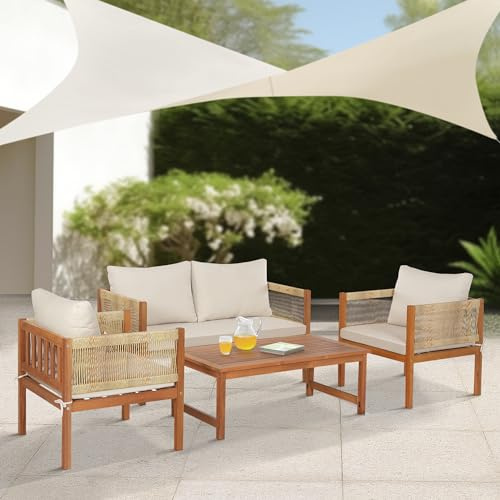 casa.pro Gartenmöbel Set Cannole 4-TLG. Sitzgruppe mit Kissen Gartenlounge-Set aus Akazienholz und Polyrattan 1x Tisch + 2X Stühle + 1x Sitzbank Holzfarben/Beige