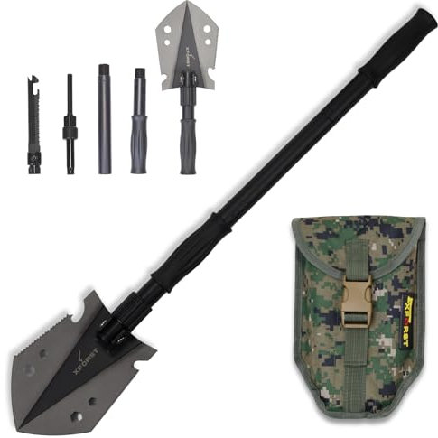 Xforst Pelle Pliante Multifonctionnelle pour Camping et Survie – Pelle en Acier au Carbone avec 3 Longueurs Réglables, Scie de Survie, Pierre à Feu, Sifflet et Housse – Accessoire Offroad