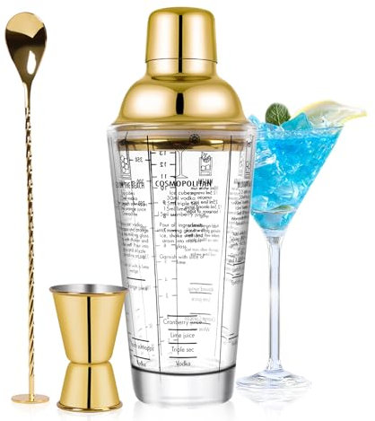 SAVORLIVING Set di shaker da cocktail in vetro da 14 once, Mixer Shaker Margarita con colino, misuratore e cucchiaio, Set di strumenti da bar professionali per barman e principianti (Oro, 3PCS)