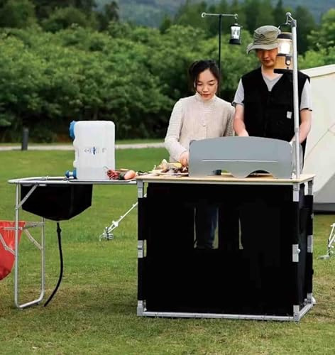 Mobile Kitchen Camping Folding Table with Aluminum Alloy Frame – Outdoor Storage Cabinet, Field Stove, Adjustable Light Stand, and Double-Door Locker for Self-Driving Travel