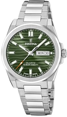 Festina Swiss Made herrklocka analog – rostfritt stål 316L silver – kvartsurverk – datum – safirglas resistent – vattentät 10 ATM – F20073/4 klassiskt stål