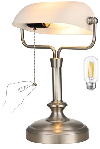 LOFOB Traditional Banker's Desk Lamp with Glass Shade,Pull Chain Switch, LED Bulb Included (Satin Nickle+White)