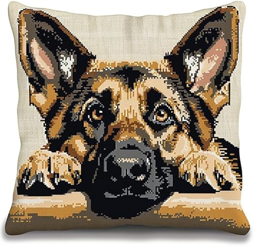 Wallphantom Cane animale Punto Croce Kit da Ricamare Cuscini,Pastore tedesco cane da compagnia,Ricamo Cuscino Punto Croce per Principianti,Cuscino Punto Croce Fai da te,45x45cm