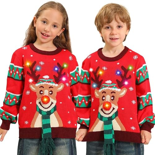 Kouric Pull Moche de Noel Lumineux,Pull de Noel Enfant Fille Garcon,Pulls Noël Drole,Unisexe Pulls Noel Cerf Ado,Christmas Sweatshirts Hiver Chaud Col Rond,Clignotant Manche Longue Outwear Âge 4-13