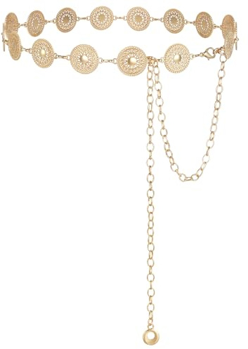 Alaoo Cinturón de Cadena de Metal para Mujer, Ajustable Cinturón de Cadena de Metal Occidental,Cadena de Cintura de Vaquera Occidental Retro para Vestidos,Vaqueros,Oro,F,120