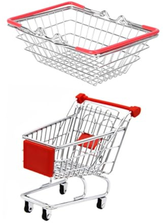 Kids Pretend Shopping Toys Grocery Basket and Mini Shopping Trolley Set for Preschool Role Play 5.71X4.13X3.35In Durable Portable Shopping Cart and Basket for Fun Learning