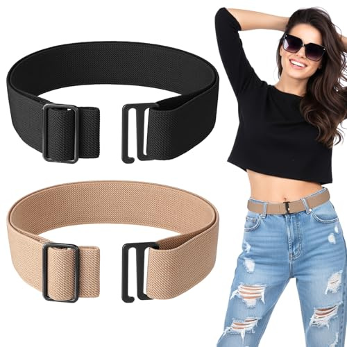 Grevosea 2Pcs Women Elastic Stretch Belt, No Show Elastic Belt Adjustable Stretch Belts with Flat Buckle for Jeans Pants Dresses