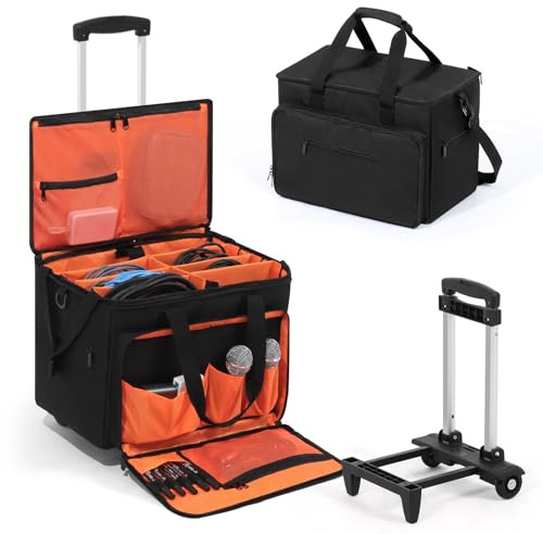 LUCKUP DJ Cable Organizer Bag with Wheels, Detachable Trolley System, 900D Water-Resistant DJ Equipment Storage Organizer with Padded Dividers Laptop Compartment for Musicians, Audio Engineers