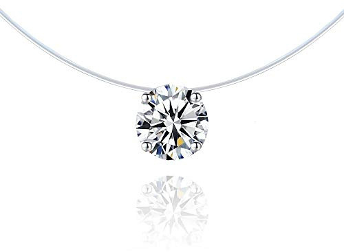 Collier Invisible Fil Nylon - Solitaire 6 mm - Bijoux Argent Femme - Fil de Pêche Invisible (44)