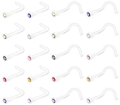 Crdifu 20pcs Piercing Nariz Perno Stud Conjunto UV Biofilex Retenedores Forma L Espiral Recto 0.8mm Cristal Barra