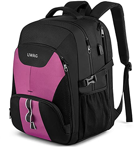 Extra Groß Rucksack Damen 50L Wasserdicht 17 Zoll Laptoptasche Arbeit Laptop Rucksack mit USB Ladeanschluss Anti Diebstahl Business Reisen Schulrucksack für Frauen Mädchen Teenager Violett
