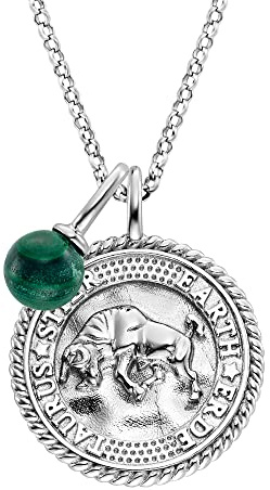 Engelsrufer Damen Halskette aus Sterling Silber und Sternzeichen Stier Anhänger - besetzt mit 3 Zirkonia Steinen und einem grünen Malachit Stein Anhänger - Länge: 50cm