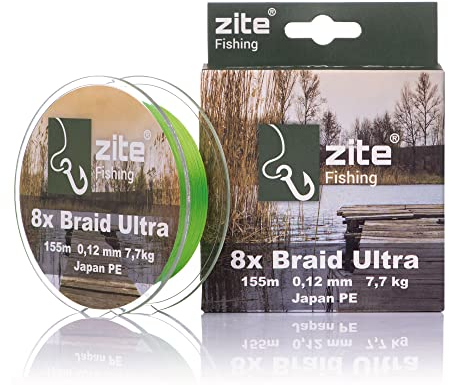 Zite Fishing Rund-Geflochtene Angel-Schnur 8-Fach Japan PE – 0,12mm Geflecht-Schnur Spinnfischen Barsch & Zander - Zander-Schnur 155m Chartreuse