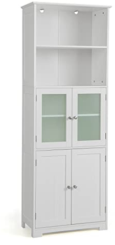 COSTWAY Armadio da Bagno, Mobiletto Alto da Terra con 2 Armadietti e Ripiani Regolabili, con Ante in Vetro, Mobile Portaoggetti Multiusi per Bagno Soggiorno, 60x30x163 cm (Bianco)