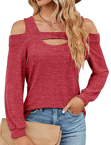 HANERDUN Camicia Donna Maniche Lunghe Blusa Camicetta con Spalle Scoperte Elegante Tunica Lavorata a Maglia con Scollo Quadrato