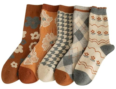5/10 Pairs Wool Socks for Women Thick Knit Vintage Cute Floral Crew Socks (5 Pairs-Orange Flowers)