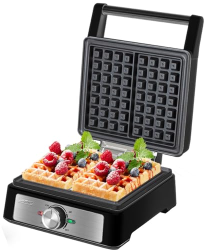MPM Waffeleisen MGO-41-4 Waffeln Gleichzeitig – Temperaturregelung und Antihaftbeschichtung 1600 W – Kontrollleuchten & Rutschfeste Standfüße – Einfache Reinigung