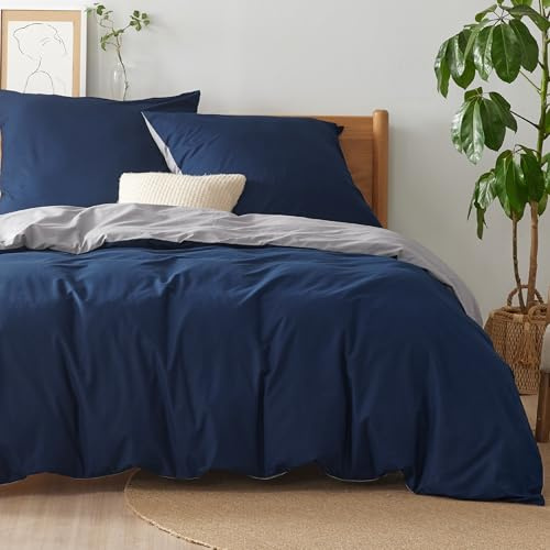 BEDSURE - Juego de ropa de cama de 200 x 200 cm, color azul y gris, de algodón, reversible, 3 piezas con 2 fundas de almohada de 80 x 80 cm, certificado Oeko-TEX, funda nórdica bicolor con cremallera