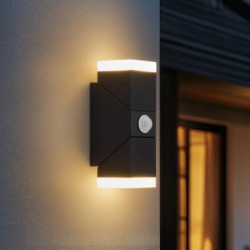Combuh 12w Applique Esterno con Sensore di Movimento, IP65 Impermeabile Lampada da Parete con Sensore Crepuscolare Nero, Bianco Caldo 3000K, Luce Cube per Garden Casa Balcone, 12 cm