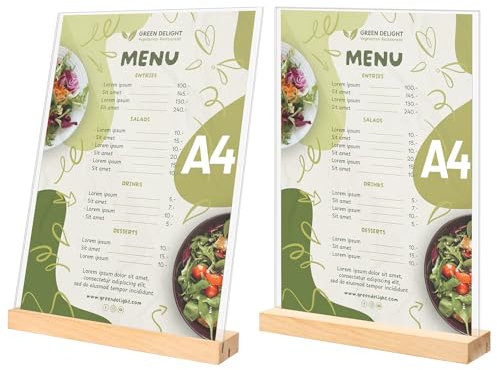 Aufsteller A4, 2 Stück Tischaufsteller A4 Preisschilder Aufsteller Acryl Fotoaufsteller Werbeaufsteller Display mit Holzfuß für Werbung Menükarte Hochzeit Cafe Restaurant (L&T Form - 2 Möglichkeiten)