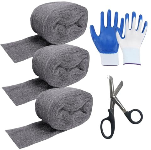 Lipulacer Steel Wool Mice Control - 3'' x 11.5 Ft Steel Wool - Fine SteelWool Included Work Gloves & Scissors - Mouse Hole Filler Kit for Home, Garden & Garage, 3 Pack, Fine Grade