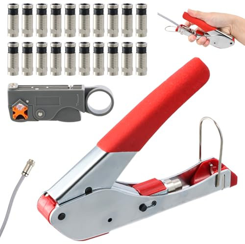 Focenat Juego de Engarzadores Pelacables,Juego de alicates para engarzar,Juego de Alicates Pelacables y Engarzadores,con 20 conectores F de compresión,para cables coaxiales y cables de datos