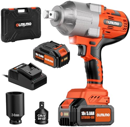 olmlmo 1600 Nm Akku-Schlagschrauber 2/3 Zoll, Hochdrehmoment Elektroschrauber mit 5.0Ah Batterie, Schnellladegerät, 34 mm Steckdose, 3/4 auf 1/2 Adapter, Schlagschrauber-Set für Auto und Zuhause