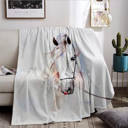 HZVRTN Coperta morbida con cavallo bianco 150x200 cm, motivo cavallo 3D, in microfibra, molto morbida, per bambini, adolescenti e adulti, coperta per letto e divano
