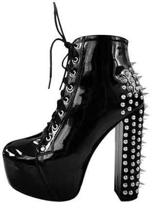 blingqueen Bottines à plateforme pour femme - Talon bloc - Bottes punk à lacets, Vernis noir., 44 EU